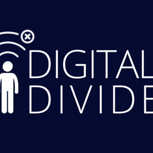 'Digital Divide' on a navy background with an image of a person being blocked from wifi