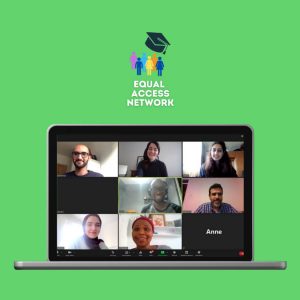 A graphic of a zoom meeting showing on a laptop